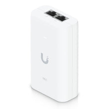 Ubiquiti U-PoE++ PoE-injektor, hvid, 48 V 60 W, to Gigabit Ethernet porte ovenpå, U-logo på fronten.
