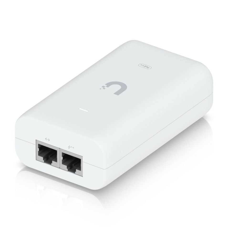 Ubiquiti U-PoE++ PoE-injektor hvid rektangulær, til Gigabit Ethernet-port, indikatorlys, logo, 48V 60W.