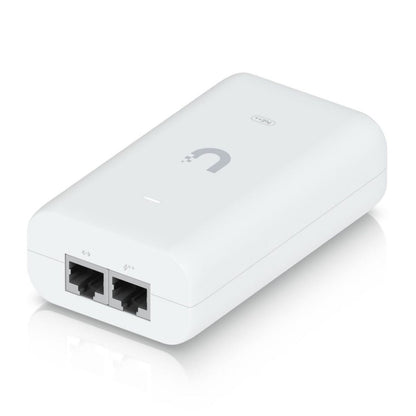 Ubiquiti U-PoE++ PoE-injektor hvid rektangulær, til Gigabit Ethernet-port, indikatorlys, logo, 48V 60W.
