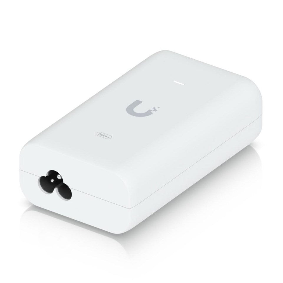 Ubiquiti PoE-injektor U-PoE++ 48V 60W hvid, rektangulær med afrundede kanter og logo på toppen.
