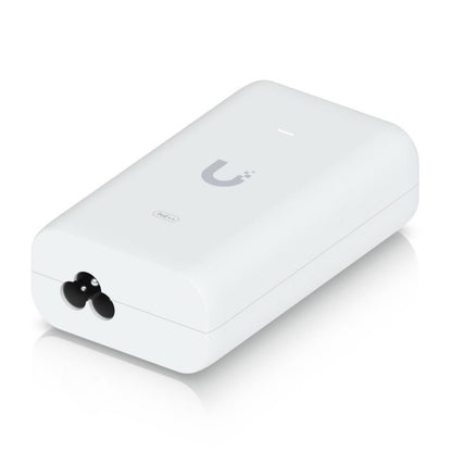 Ubiquiti PoE-injektor U-PoE++ 48V 60W hvid, rektangulær med afrundede kanter og logo på toppen.