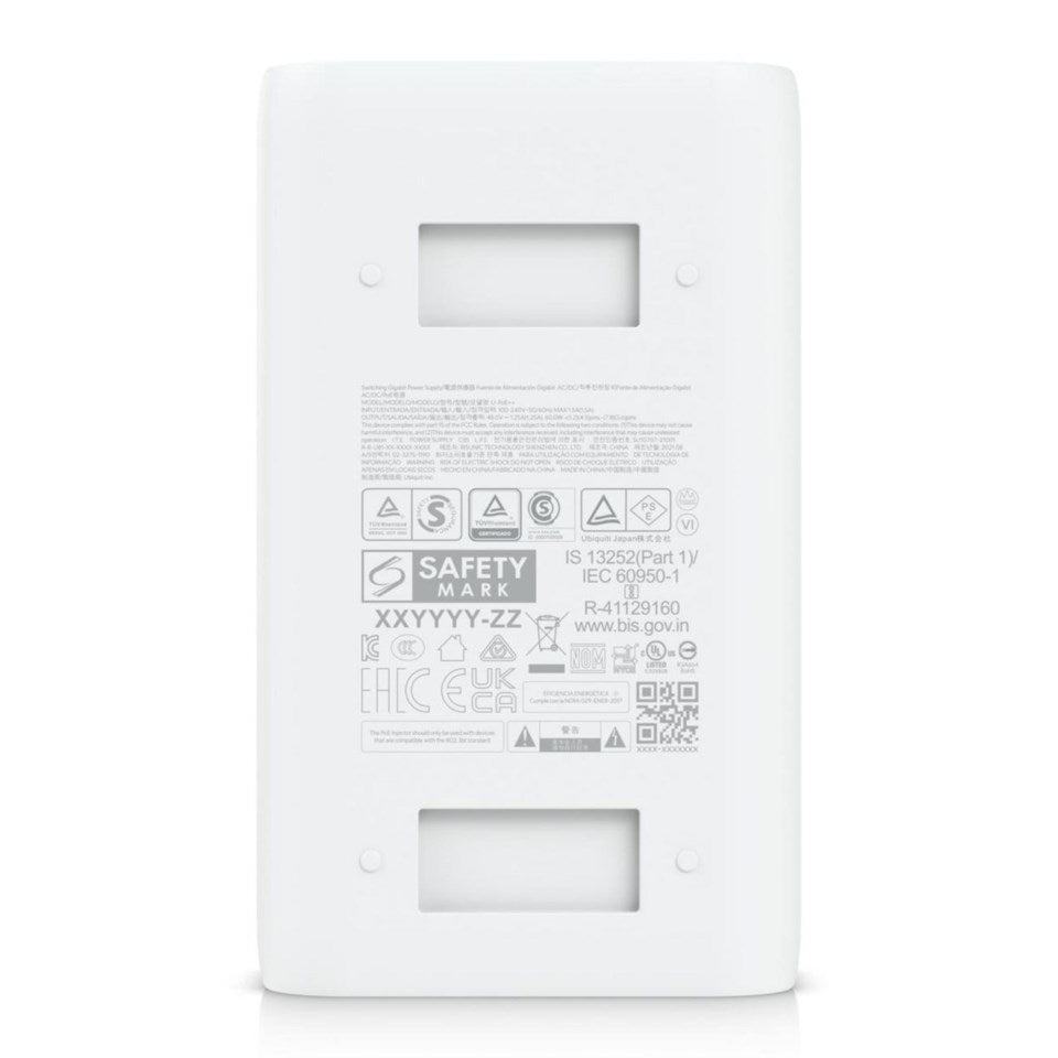 Ubiquiti PoE-injektor U-PoE++ 48V 60W, bagfra med to rektangulære udskæringer og grå certifikat- og sikkerhedsmærker.