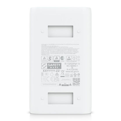 Ubiquiti PoE-injektor U-PoE++ 48V 60W, bagfra med to rektangulære udskæringer og grå certifikat- og sikkerhedsmærker.