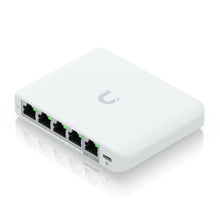 Ubiquiti Switch Flex Mini 2,5G 5P, fem Ethernet-porte inkl. til PoE, USB-C-port i siden, Ubiquiti-logo på toppen.