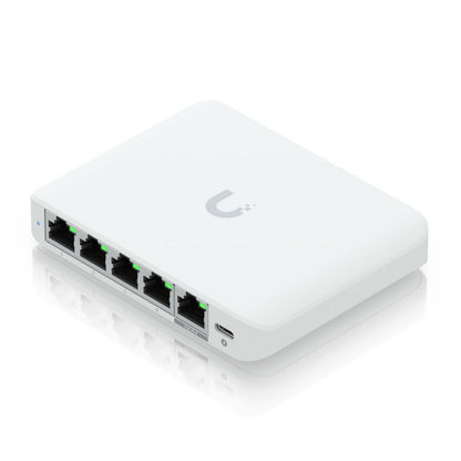 Ubiquiti Switch Flex Mini 2,5G 5P, fem Ethernet-porte inkl. til PoE, USB-C-port i siden, Ubiquiti-logo på toppen.
