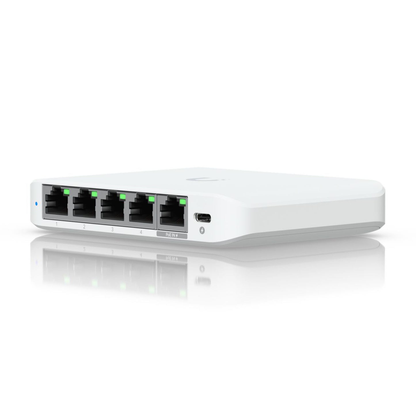 Ubiquiti Switch Flex Mini 2,5G 5P med fem Ethernet-porte, grønne LED og sideplaceret USB-C-port, afrundede kanter.