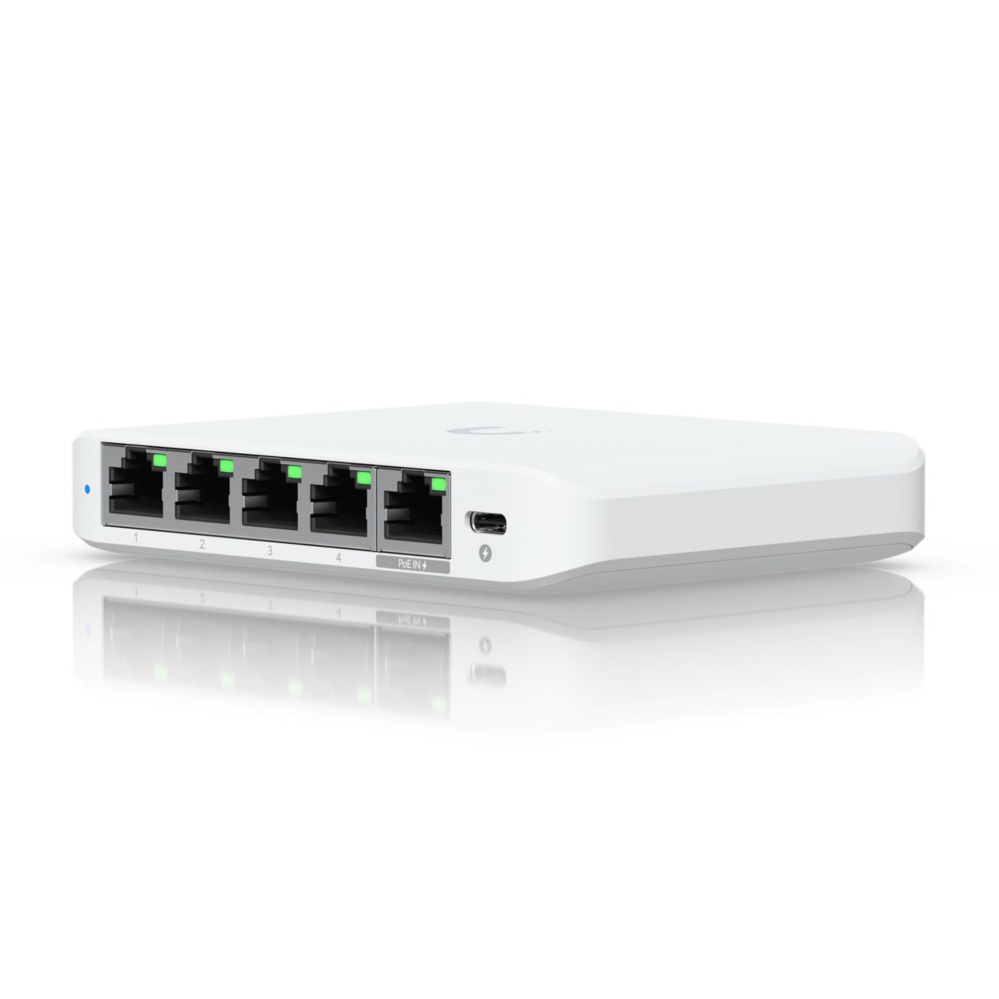 Ubiquiti Switch Flex Mini 2,5G 5P med fem Ethernet-porte, grønne LED og sideplaceret USB-C-port, afrundede kanter.