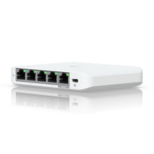 Ubiquiti Switch Flex Mini 2,5G 5P med fem Ethernet-porte, grønne LED og sideplaceret USB-C-port, afrundede kanter.