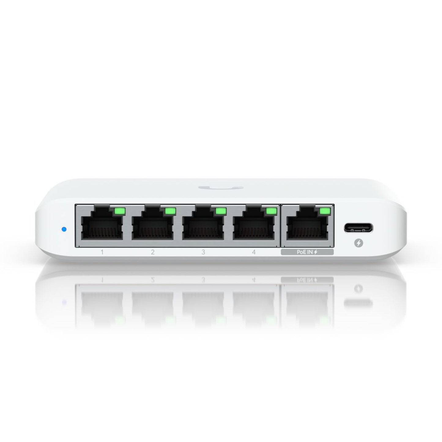 Ubiquiti Switch Flex Mini 2,5G 5P netværksswitch hvid med fem Ethernet-porte, grønne indikatorer og USB-C-port til højre.