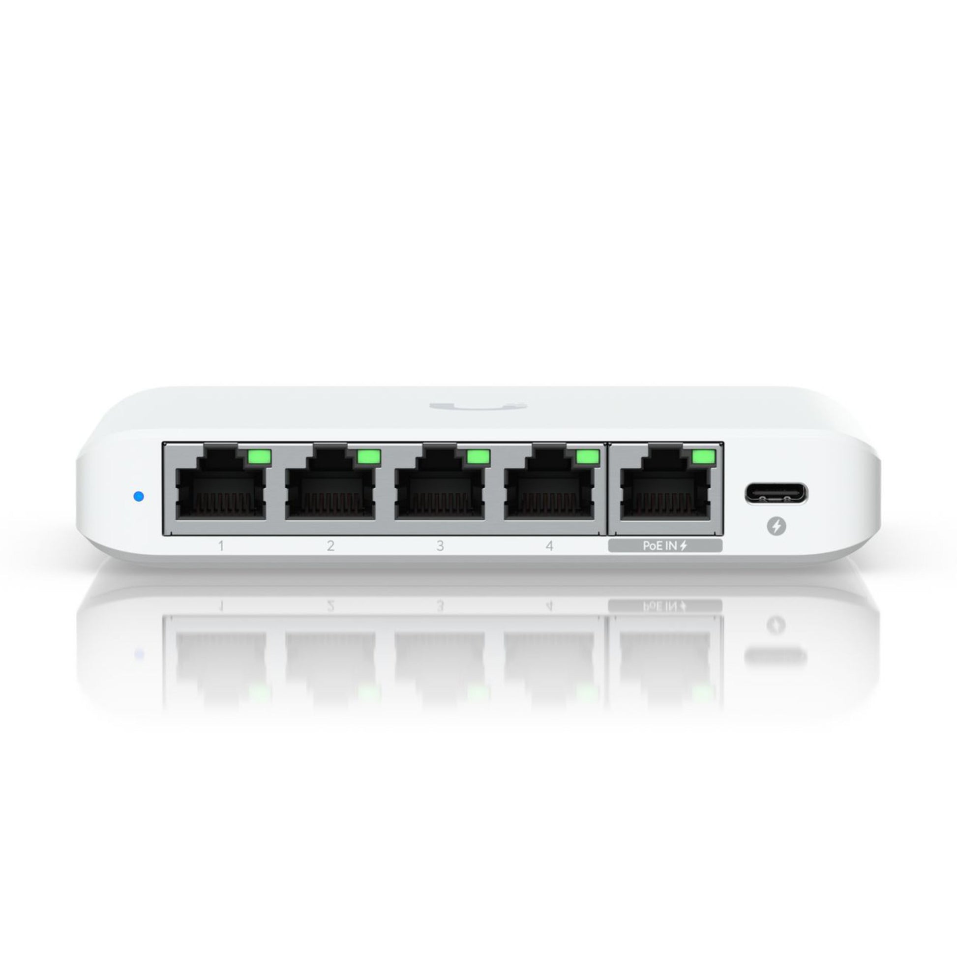Ubiquiti Switch Flex Mini 2,5G 5P netværksswitch hvid med fem Ethernet-porte, grønne indikatorer og USB-C-port til højre.