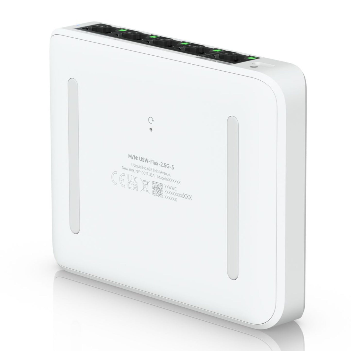 Ubiquiti Switch Flex Mini 2,5G 5P, kompakt switch med 5 Ethernet-porte, grønne LED-indikatorer og runde kanter.