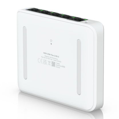 Ubiquiti Switch Flex Mini 2,5G 5P, kompakt switch med 5 Ethernet-porte, grønne LED-indikatorer og runde kanter.