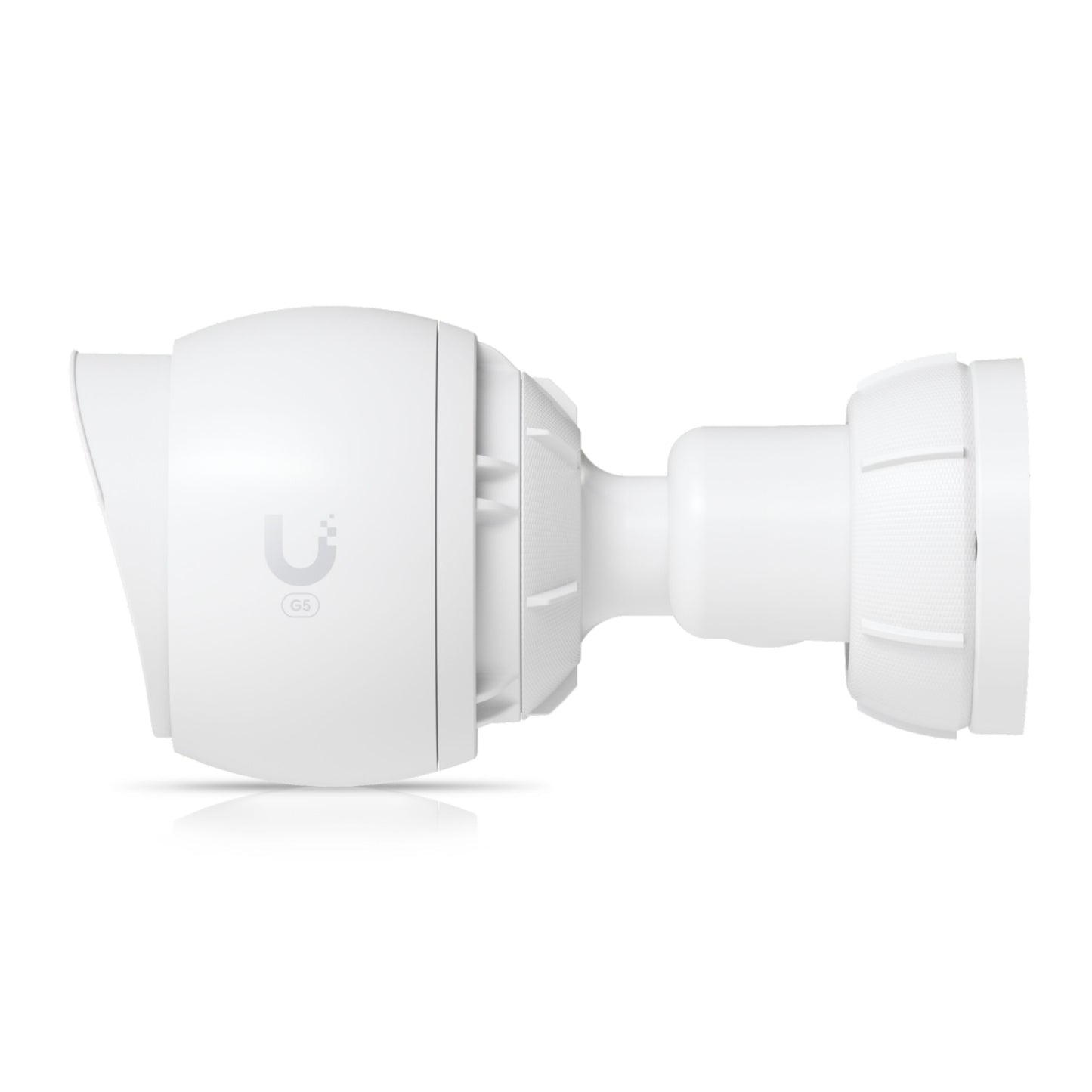Ubiquiti UniFi Protect G5 POE overvågningskamera, hvid, cylinderformet, 2K opløsning, Ubiquiti logo synligt fra siden.