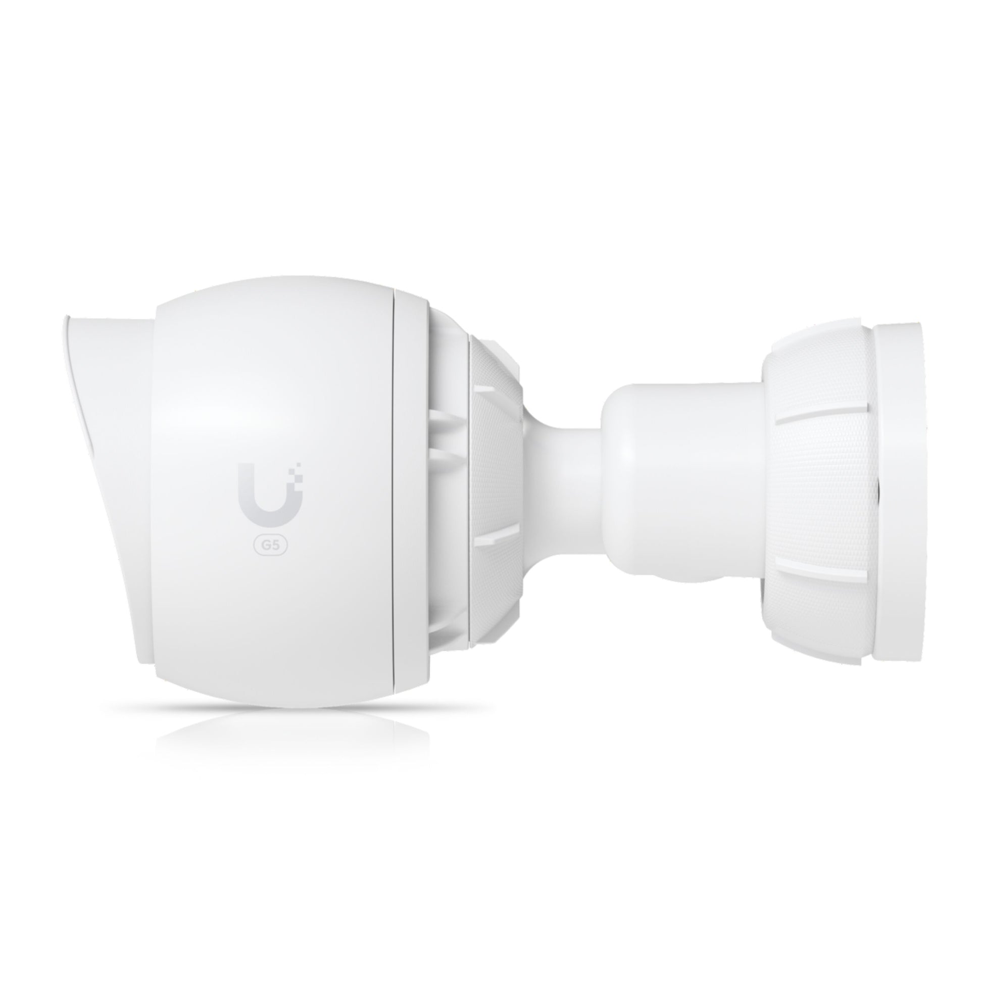 Ubiquiti UniFi Protect G5 POE overvågningskamera, hvid, cylinderformet, 2K opløsning, Ubiquiti logo synligt fra siden.