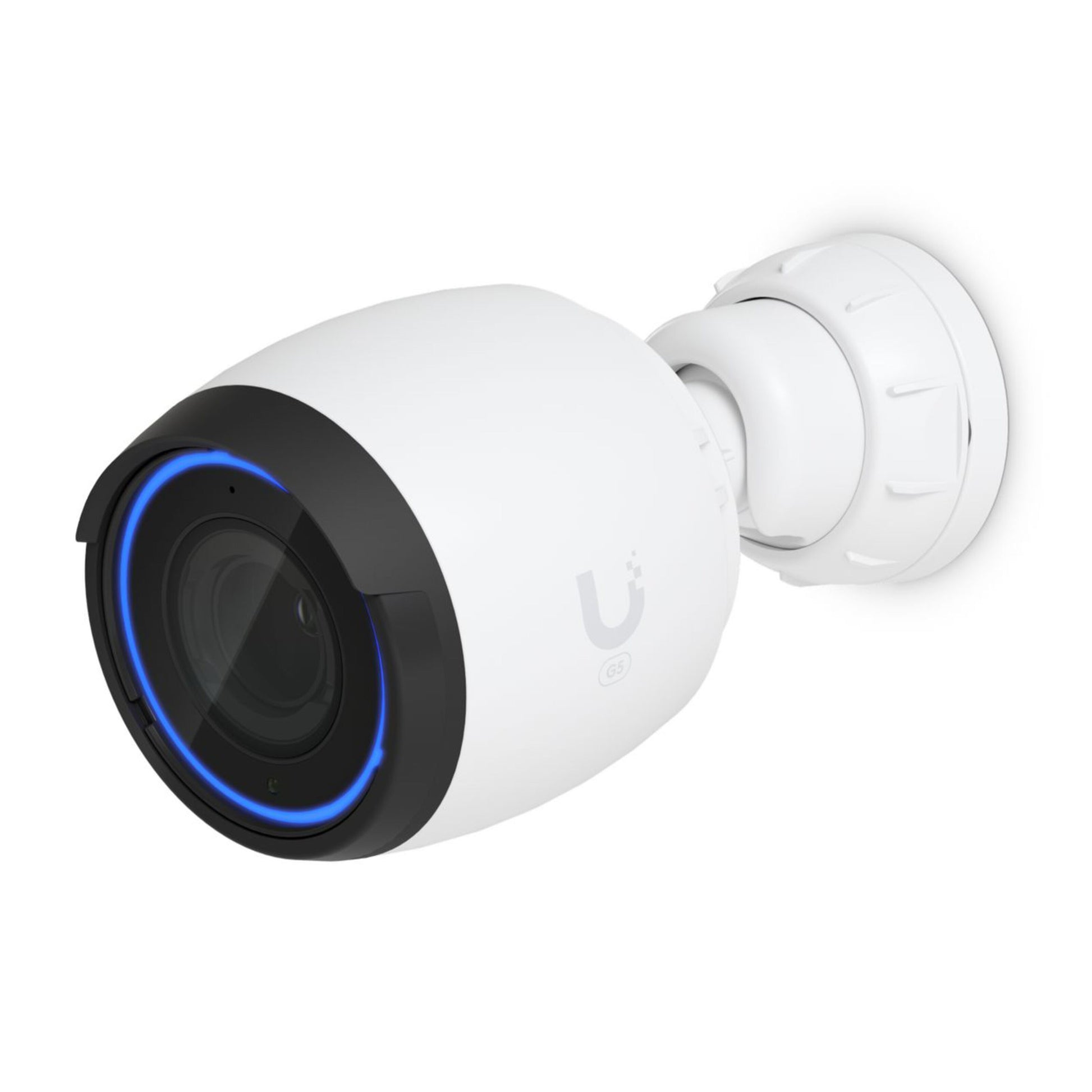 Ubiquiti UVC-G5-PRO PoE bullet overvågningskamera med blå LED-ring, 4K, vægmonteret.
