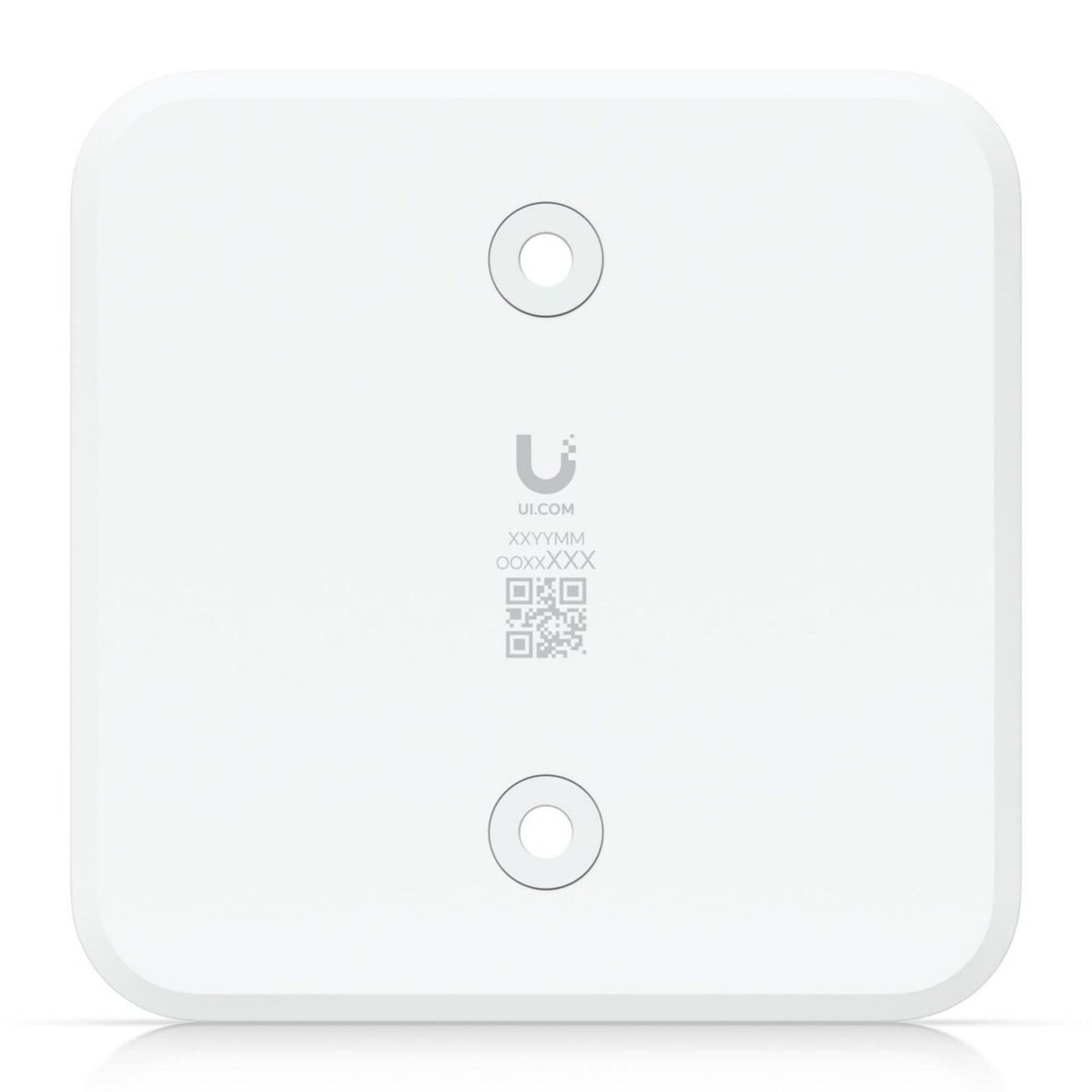 Ubiquiti Foren flydende montering, hvid, firkantet med afrundede hjørner, to runde fordybninger, "U"-logo og QR-kode.