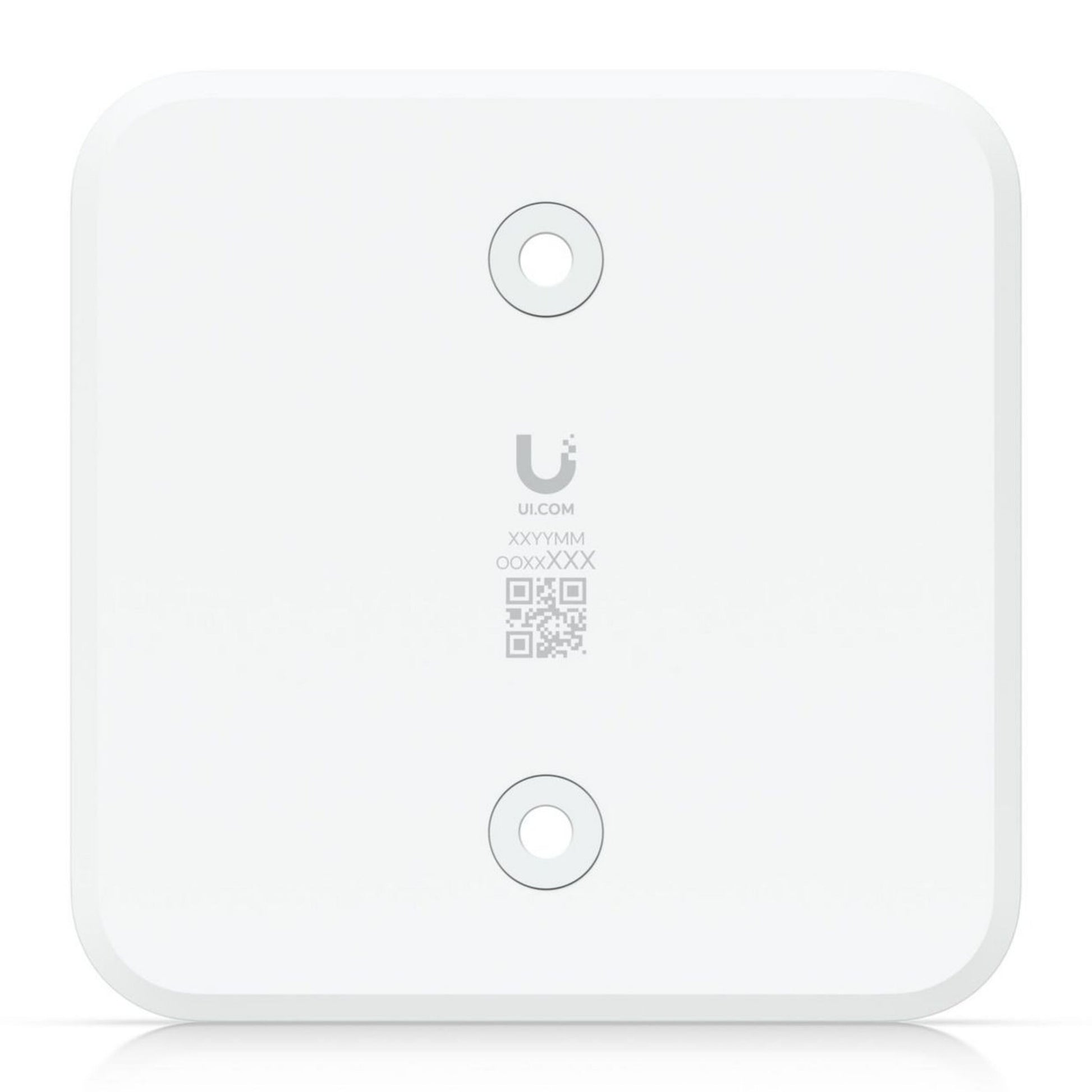 Ubiquiti Foren flydende montering, hvid, firkantet med afrundede hjørner, to runde fordybninger, "U"-logo og QR-kode.