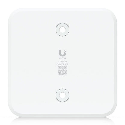 Ubiquiti Foren flydende montering, hvid, firkantet med afrundede hjørner, to runde fordybninger, "U"-logo og QR-kode.