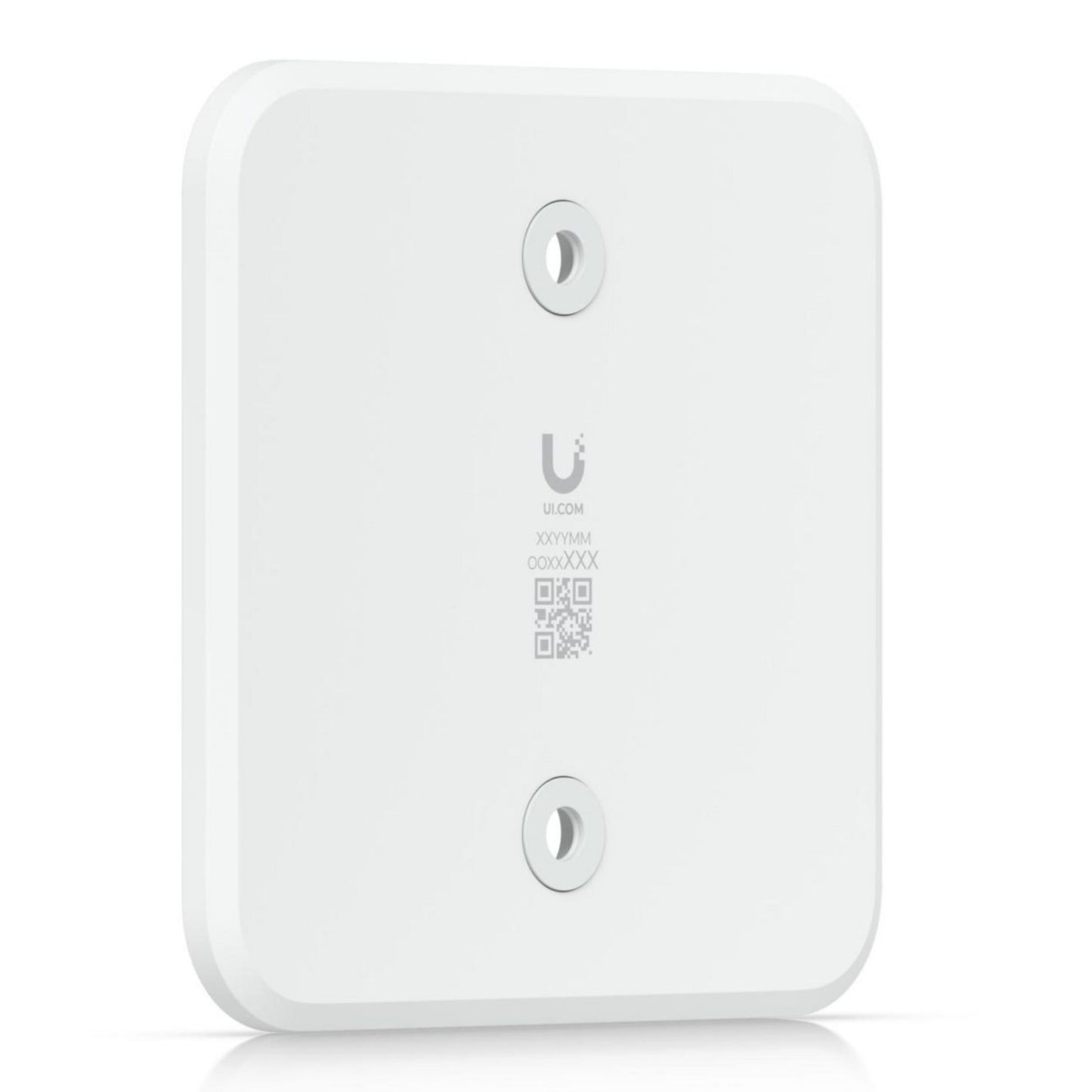 Ubiquiti Foren flydende montering, hvid, firkantet med afrundede kanter, til monteringshuller, logo, serienr., QR-kode forrest.