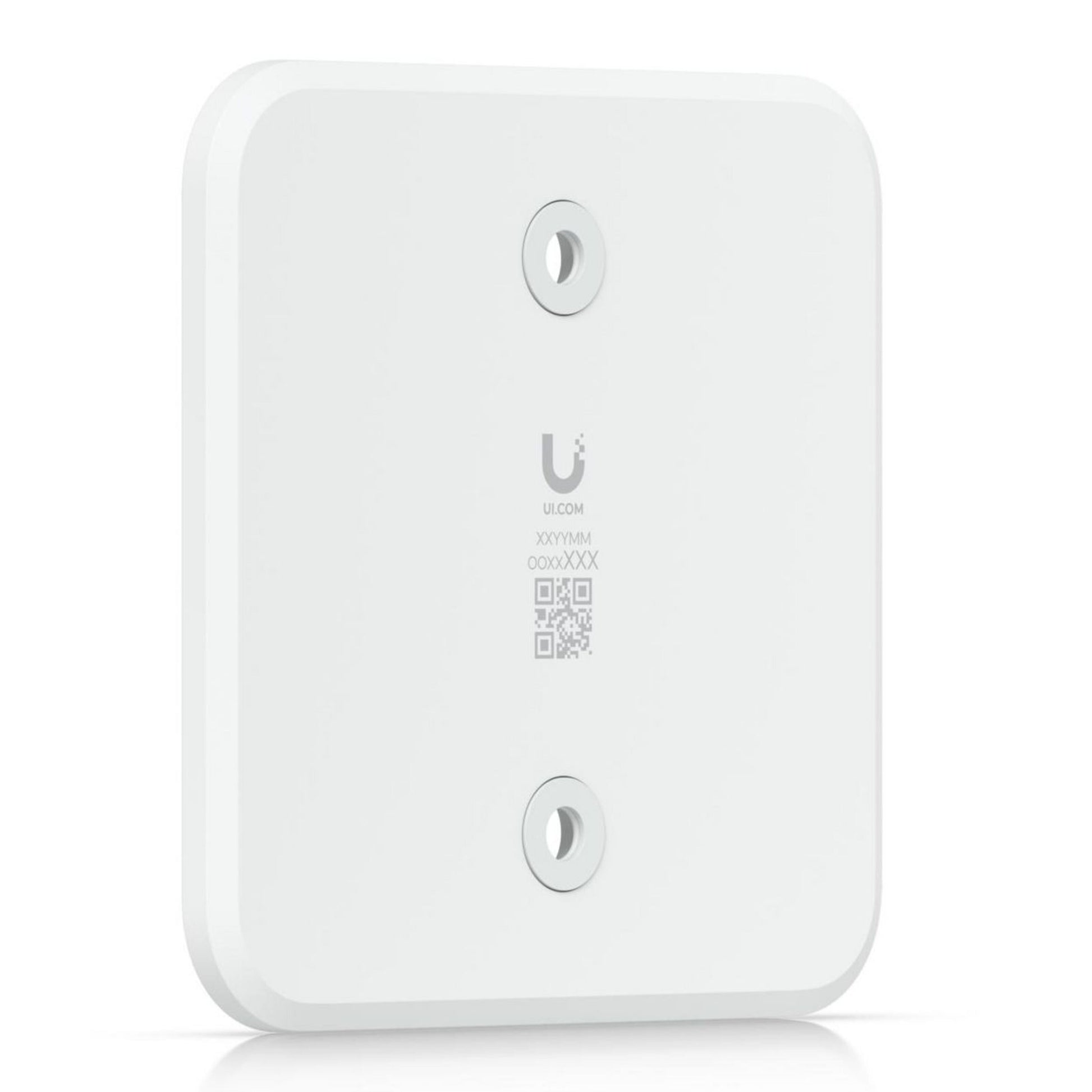 Ubiquiti Foren flydende montering, hvid, firkantet med afrundede kanter, til monteringshuller, logo, serienr., QR-kode forrest.