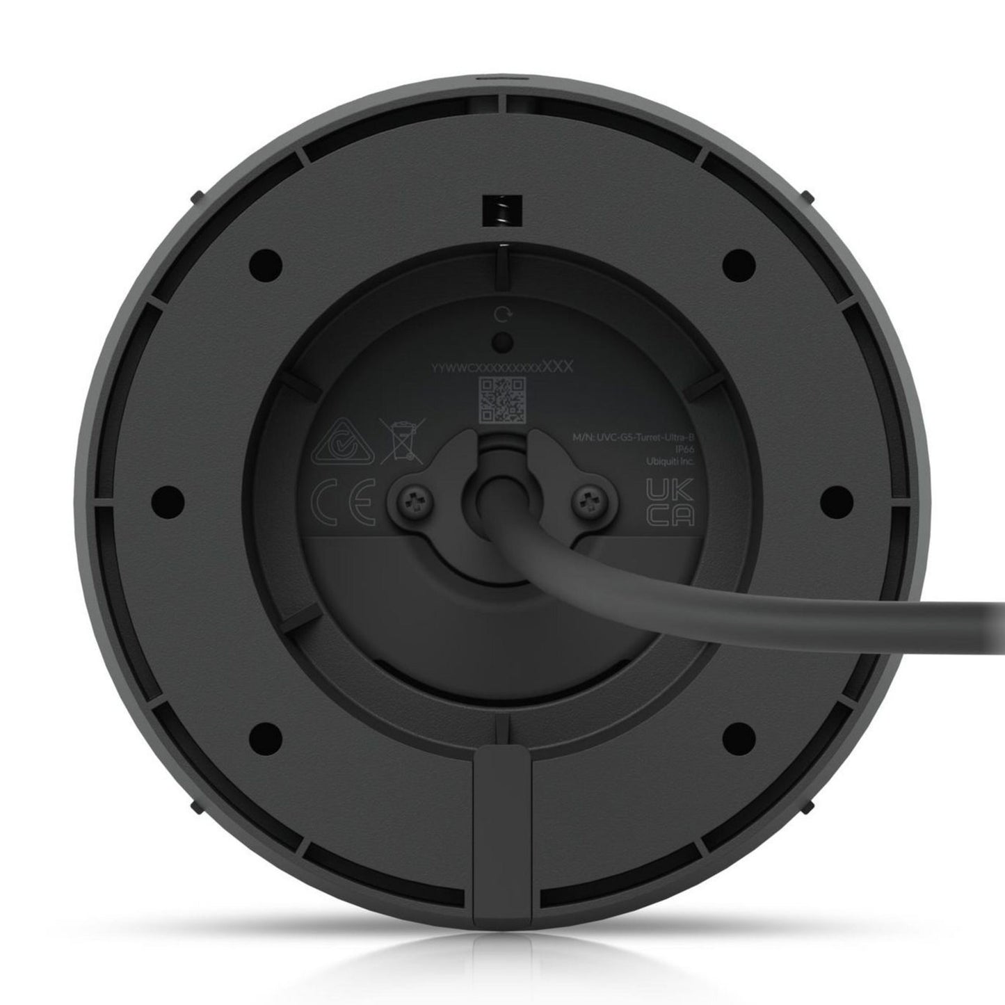 Ubiquiti UniFi Protect G5 Turret Ultra POE kamera sort underside med strømkabel, skruer, certifikat-symboler og QR-kode.