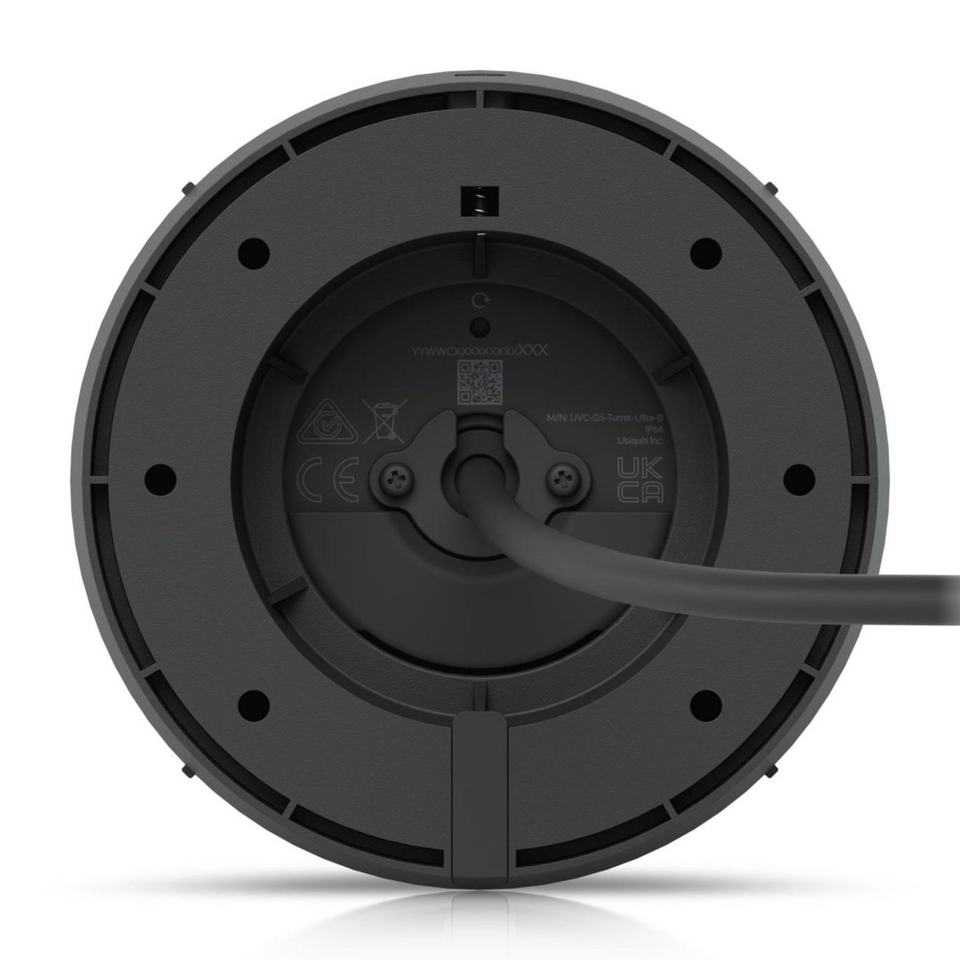 Ubiquiti UniFi Protect G5 Turret Ultra POE kamera sort underside med strømkabel, skruer, certifikat-symboler og QR-kode.