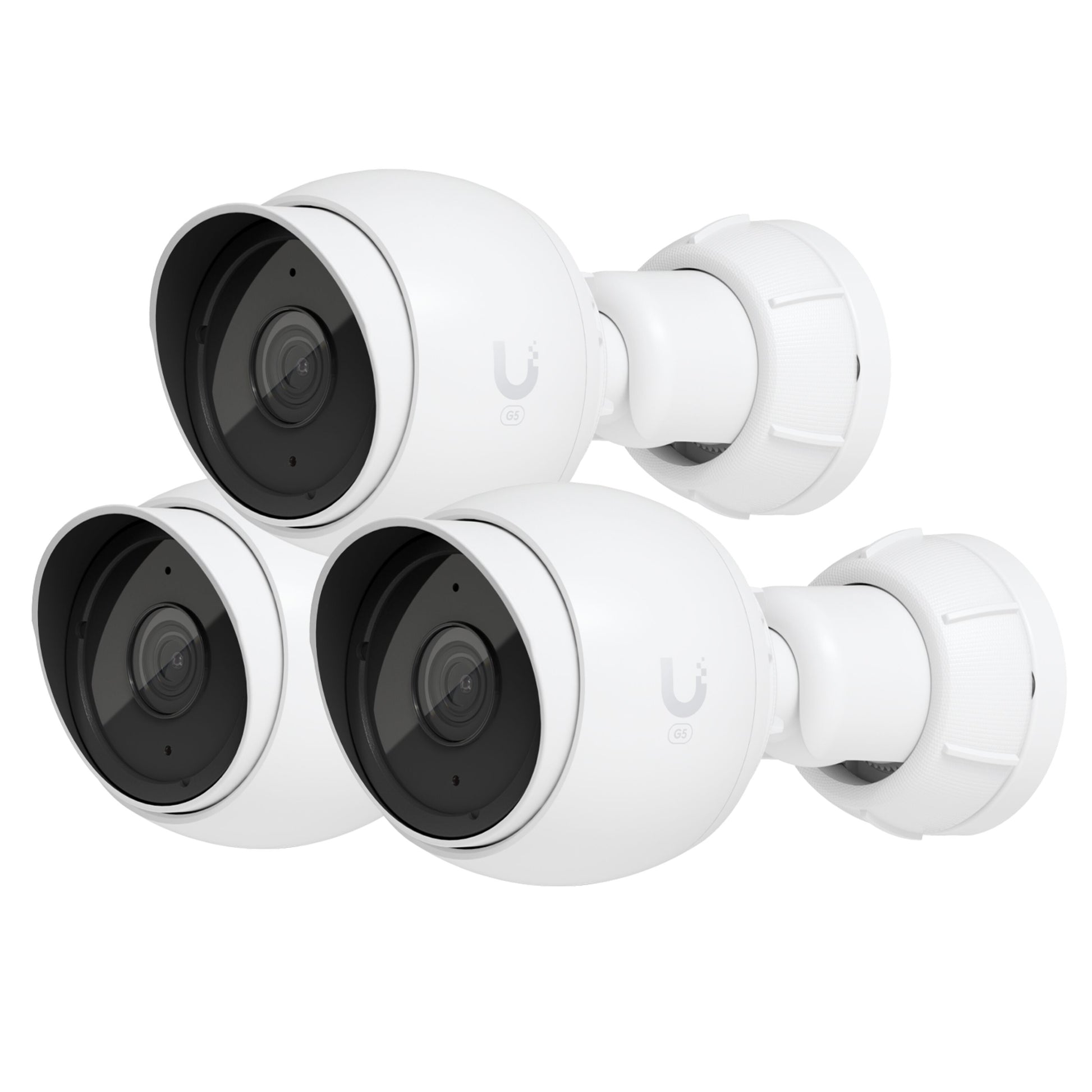 Ubiquiti UniFi Protect G5 PoE overvågningskamera, hvid, kuppelformet, sort linse, U-logo på siden, to monteret sammen.