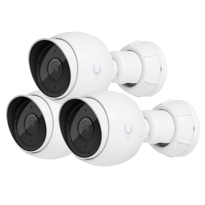 Ubiquiti UniFi Protect G5 PoE overvågningskamera, hvid, kuppelformet, sort linse, U-logo på siden, to monteret sammen.