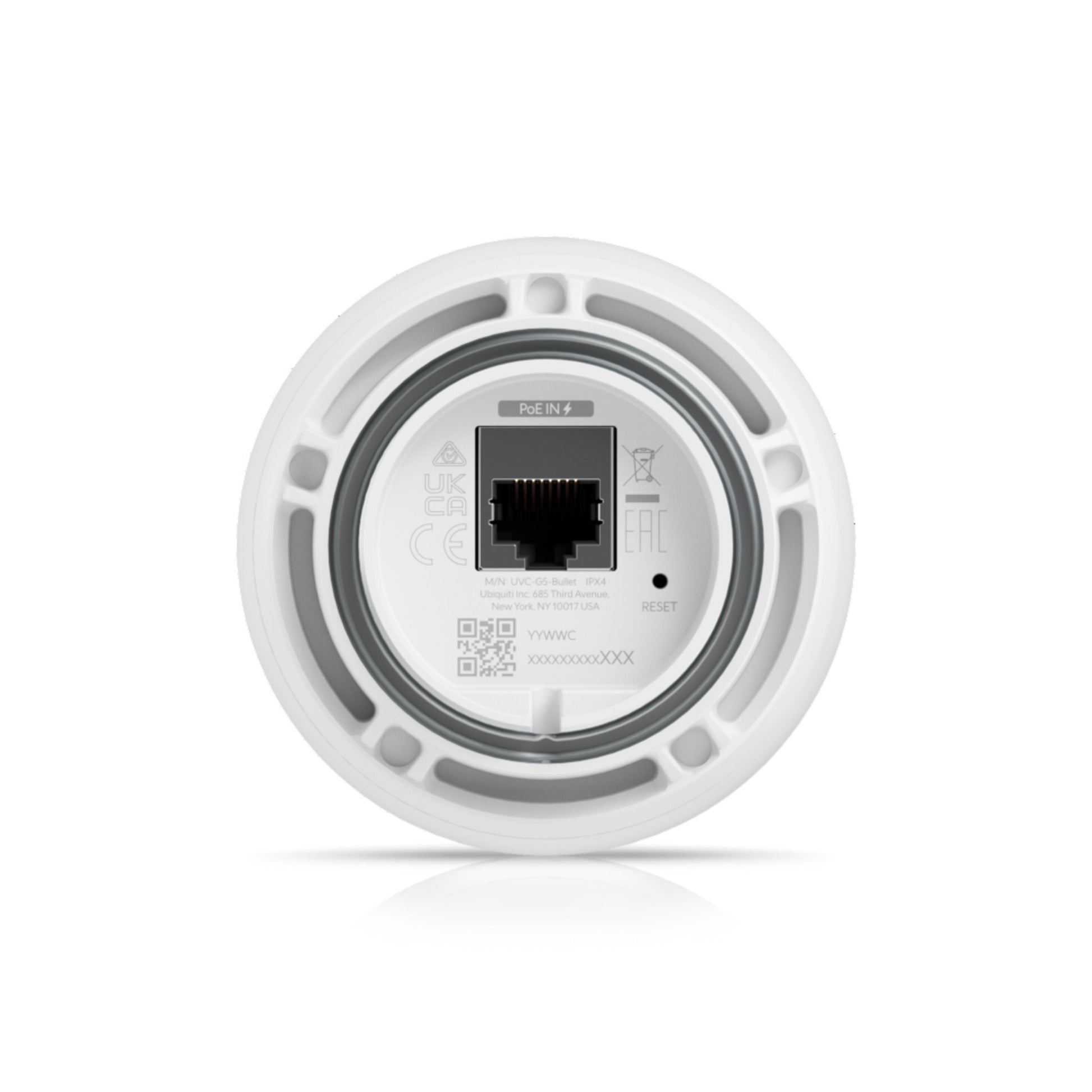 Ubiquiti UniFi Protect G5 POE overvågningskamera 3-pak bagfra med Ethernet-port, QR-kode, reset-knap og certifikater.