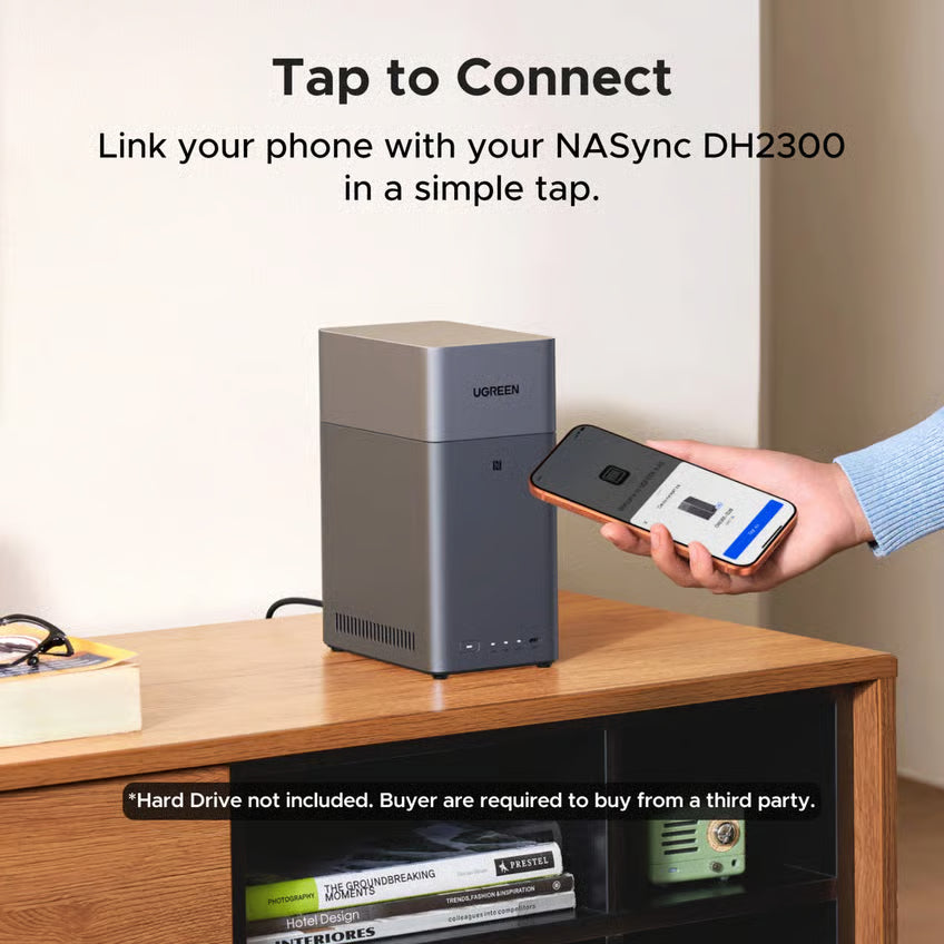 UGREEN NASync DH2300 NAS med 2 drevpladser, uden harddiske, sort, kan betjenes via mobil med »Tap to Connect«; harddiske medfølger ikke.