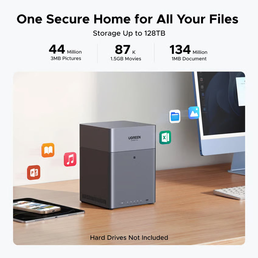 UGREEN NASync DH4300 Plus NAS med 4 skuffer, grå, uden harddiske, op til 128 TB lokal backup, app-ikoner på forsiden, harddiske medfølger ikke.