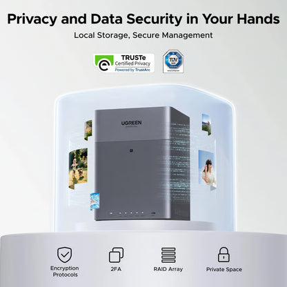 UGREEN NASync DH4300 Plus 4-bås NAS med kryptering, 2FA, RAID og »private space«-funktioner.