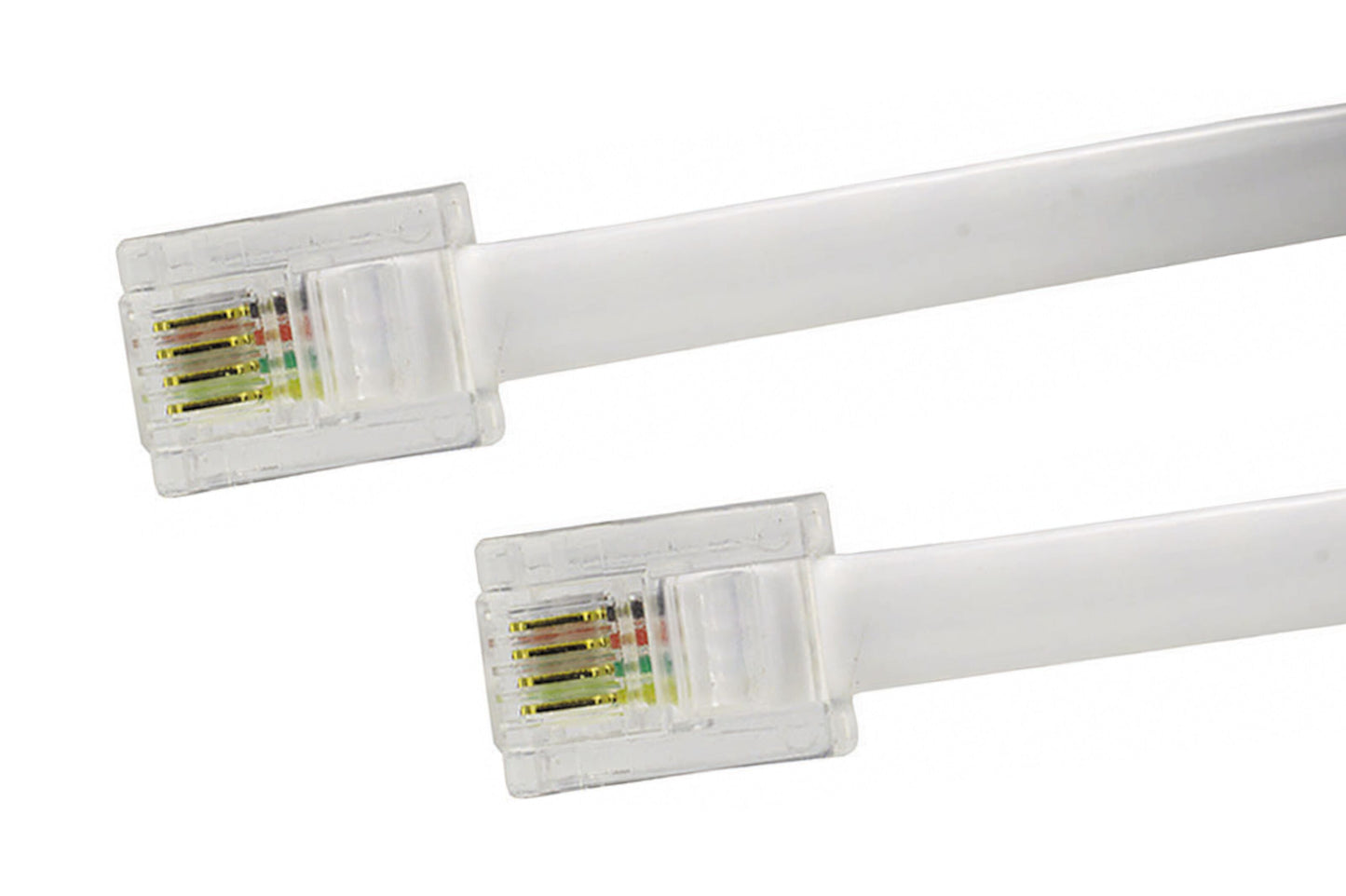 Telefonkabel RJ11 til RJ11 hvid 1 m, transparent stik med fire synlige farvede ledninger, til analog telefoni.