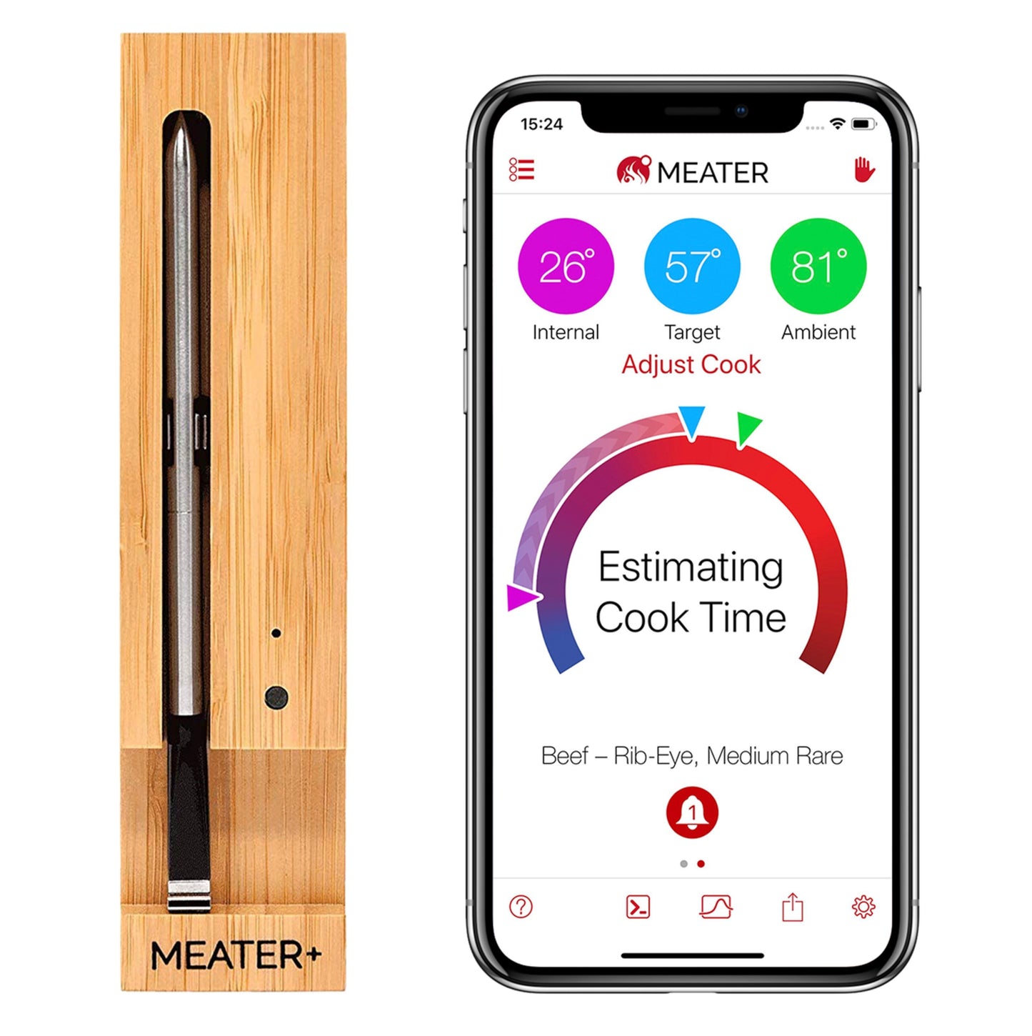 Meater+ trådløst grilltermometer med repeater i træetui ved smartphone med app, der viser temp og stegetid.