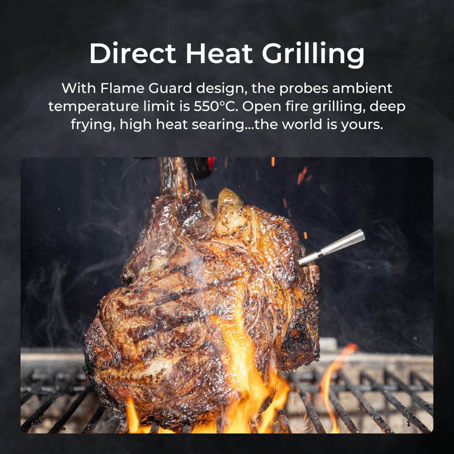Meater 2 Plus trådløs grilltermometer i steak på grill, tekst: op til 550°C, flere tilberedningsmetoder, mobil overvågning.