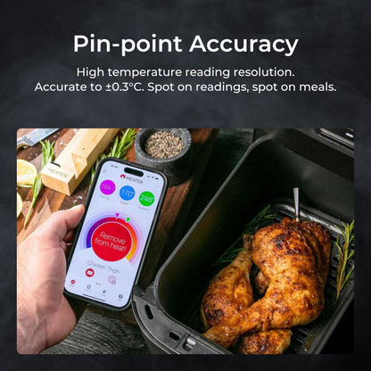 Meater 2 Plus trådløst grilltermometer vises i app på smartphone over kylling, Meater-æske synlig.