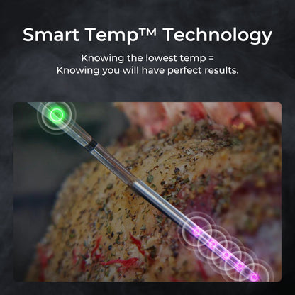 Meater 2 Plus trådløst grilltermometer med repeater, Smart Temp™ Technology og indikatorlys, viser temperatur på mobil.