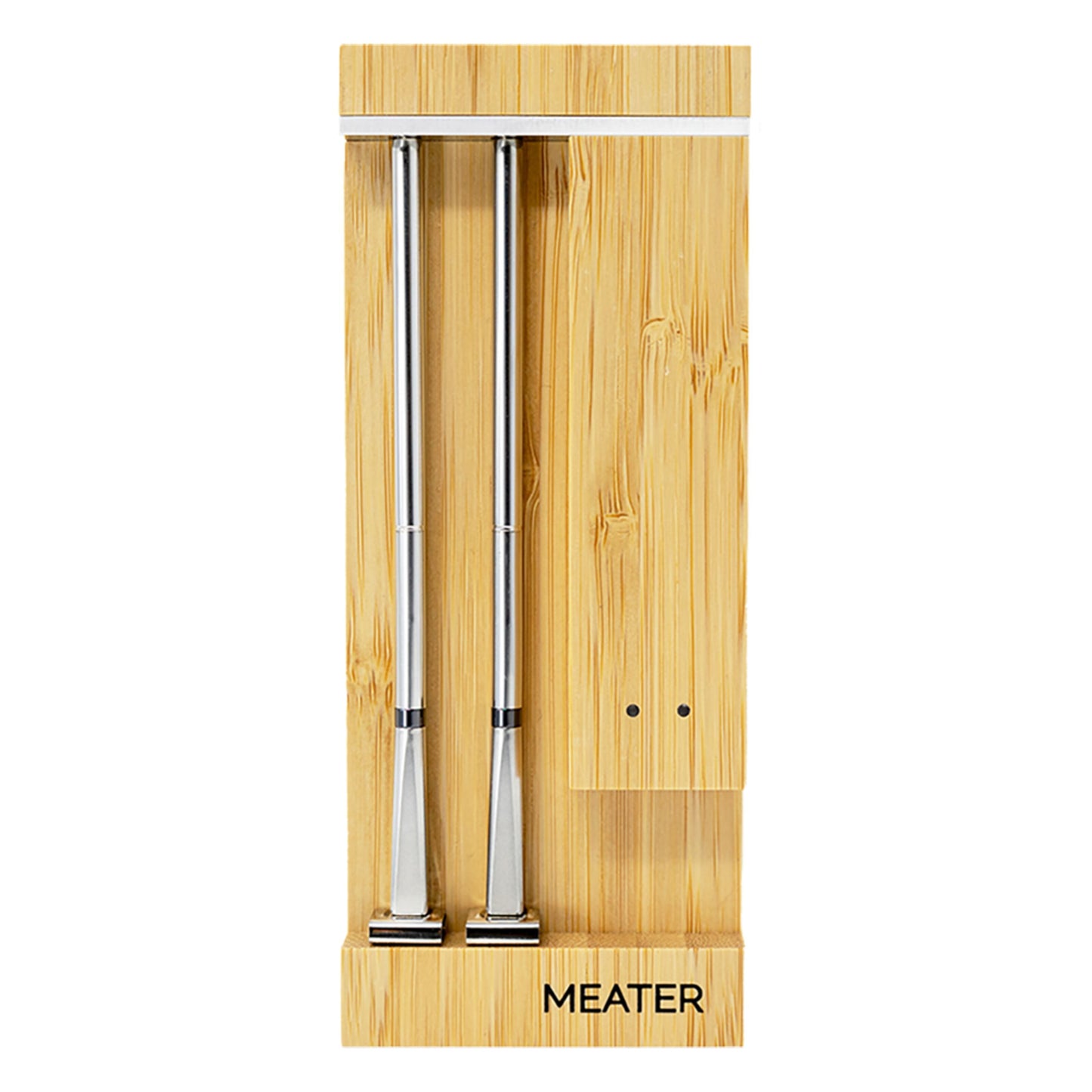 Meater Pro Duo trådløs stegetermometer wifi, til metalprober i rektangulær træholder med MEATER-logo.
