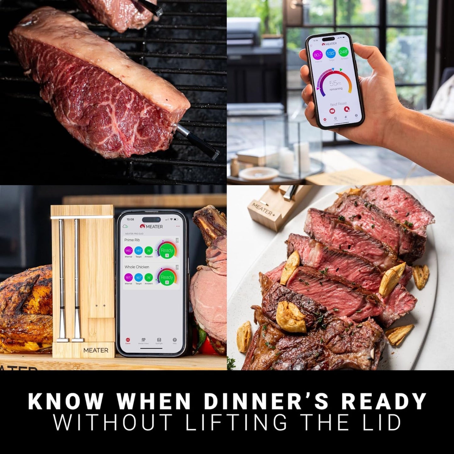 MEATER Pro Duo trådløs stegetermometer wifi, visning af måler og app på mobil, bøf på grill og skåret bøf.