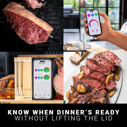 MEATER Pro Duo trådløs stegetermometer wifi, visning af måler og app på mobil, bøf på grill og skåret bøf.
