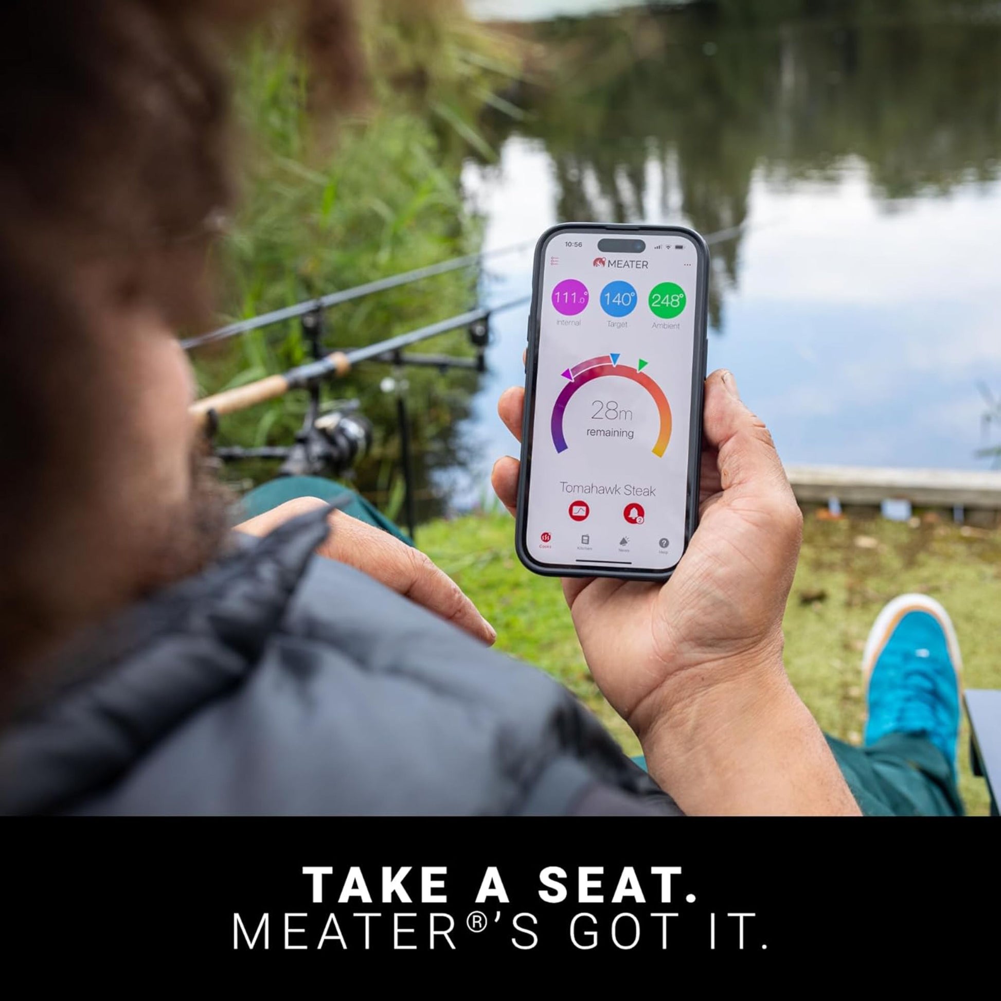 Meater Pro Duo trådløs stegetermometer wifi vises med Meater app på smartphone, tekst: MEATER®'S GOT IT.