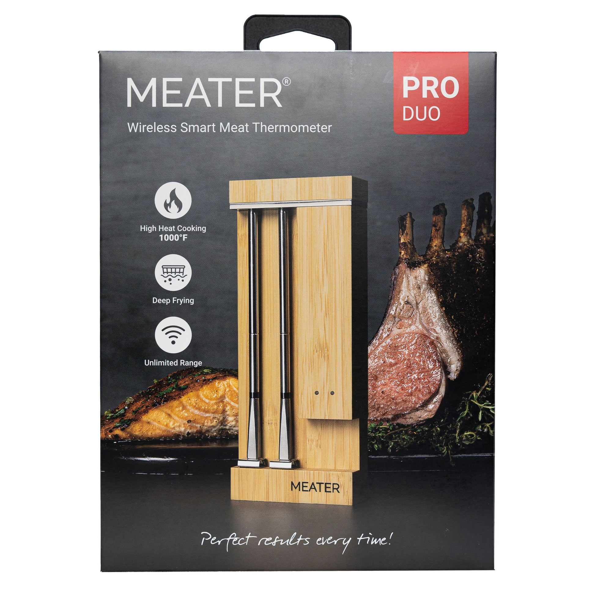 Meater Pro Duo trådløs stegetermometer wifi, to termometre i trækasse, emballage med billeder af kød og ikoner for høj varme.