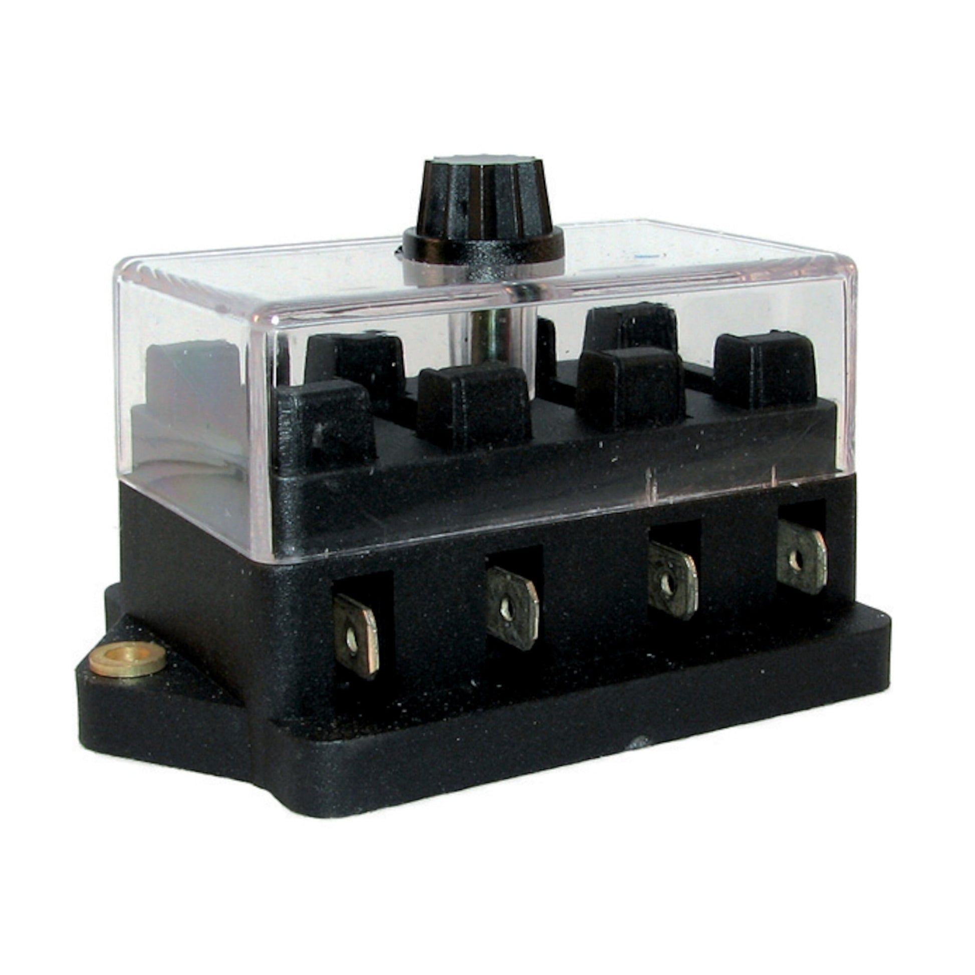 Sikringsholder MIDI til 4 fladstiftsikringer, sort drejeknap, klar låg, flere terminaler til 12V/24V.