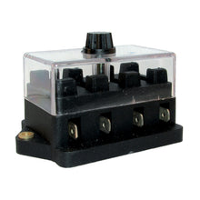 Sikringsholder MIDI til 4 fladstiftsikringer, sort drejeknap, klar låg, flere terminaler til 12V/24V.