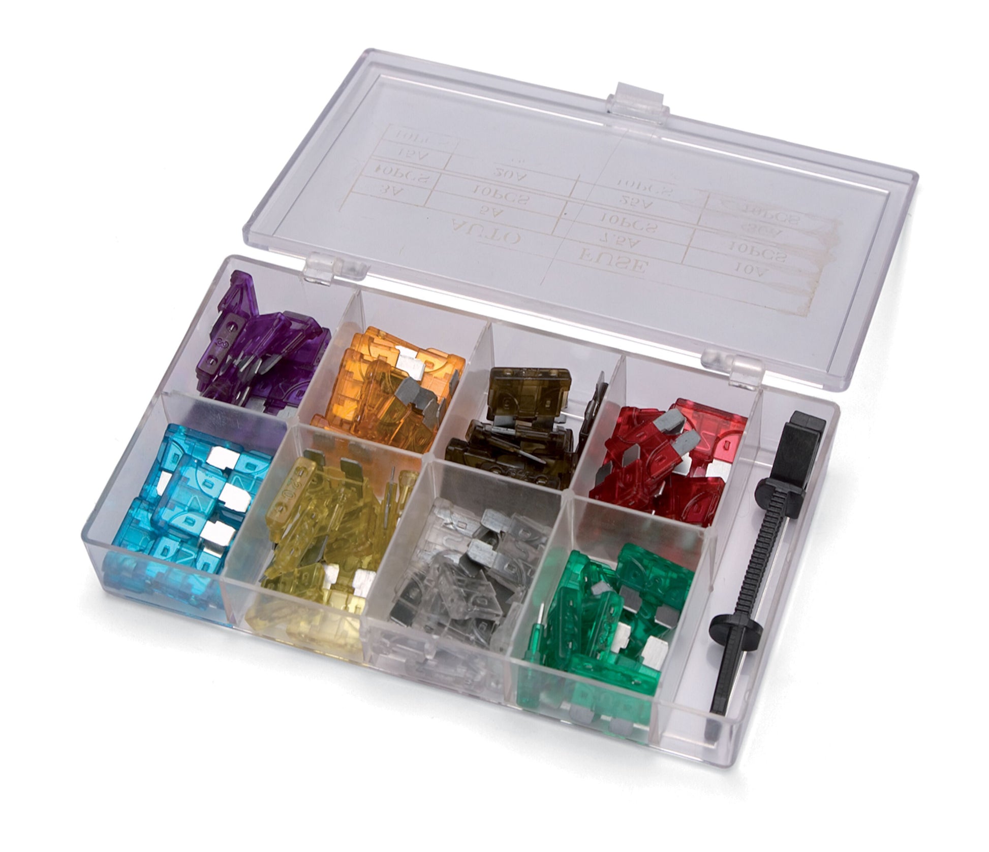 Fladstiftsikringer MIDI 80-pakke, assorterede farver/størrelser i plastboks med rom, inkl. sikringstang.