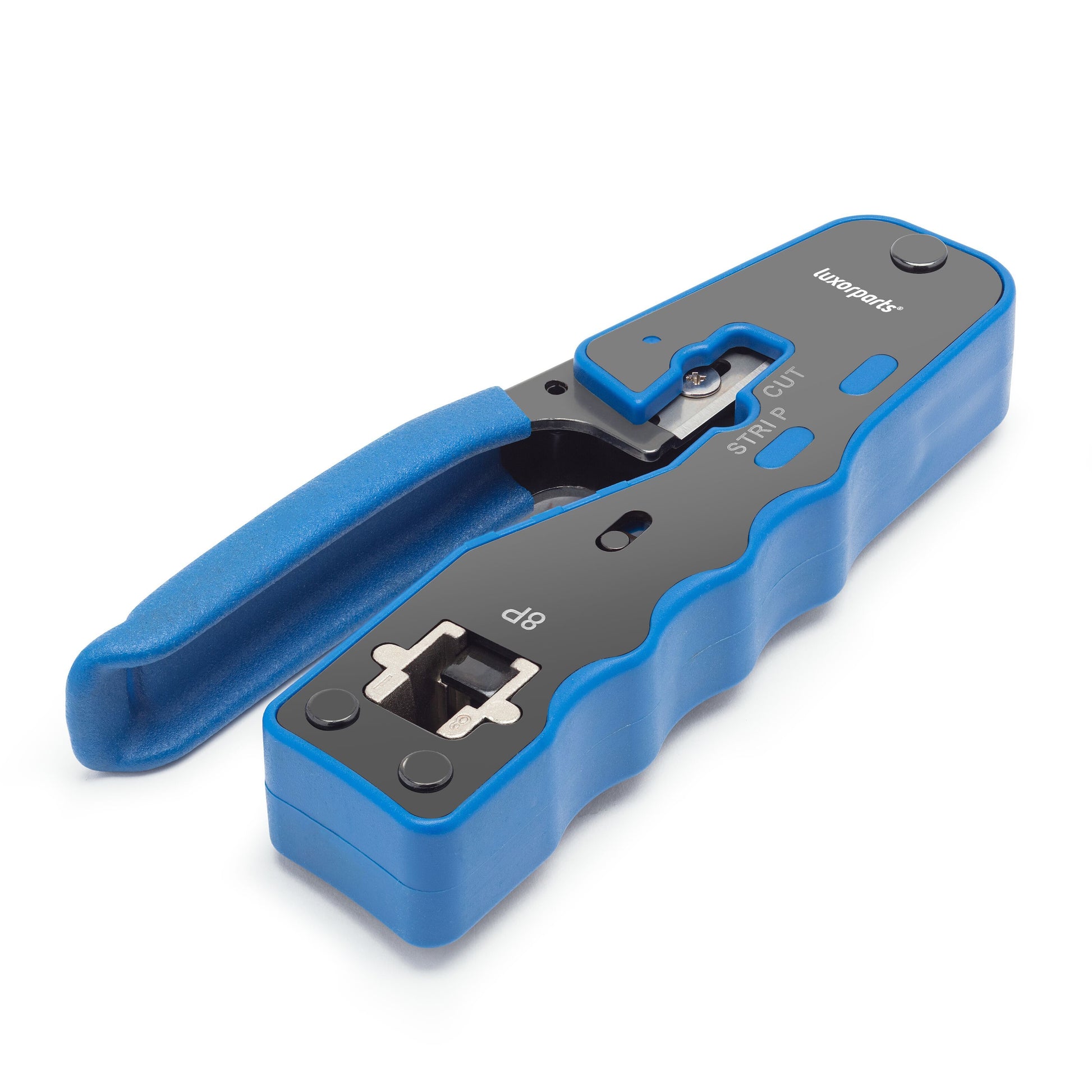 Luxorparts crimptang til RJ45-stik, klip- og afisolering, blå/sort med tekstureret håndtag.