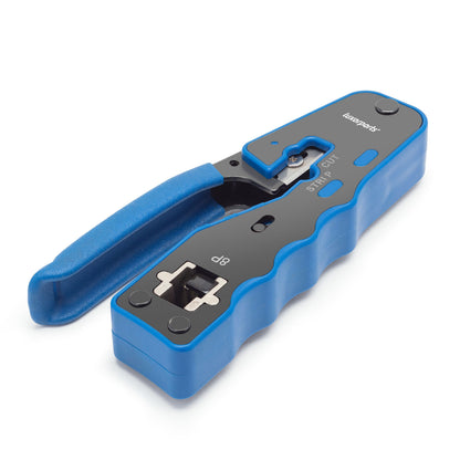 Luxorparts crimptang til RJ45-stik, klip- og afisolering, blå/sort med tekstureret håndtag.