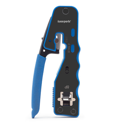 Crimptang til RJ45-stik med 8P crimpeindsats, klip- og afisolering, blåt skumgreb.