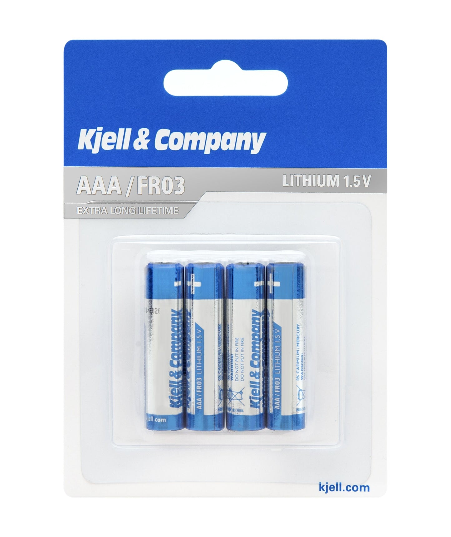 4 stk. Kjell Litium AAA-batterier LR03 1,5V i blå-hvid emballage med teksten "Extra Long Lifetime.