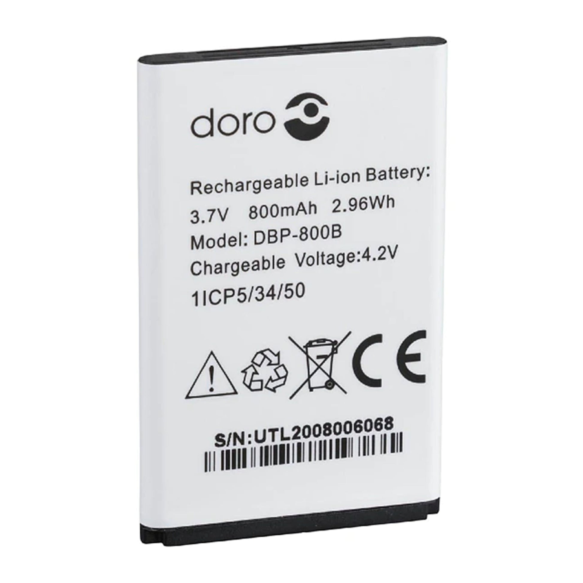 Doro Original batteri DBP-800B til Doro 1362/6521, Li-ion 3.7V 800mAh 2.96Wh, synlige specifikationer og certifikater.